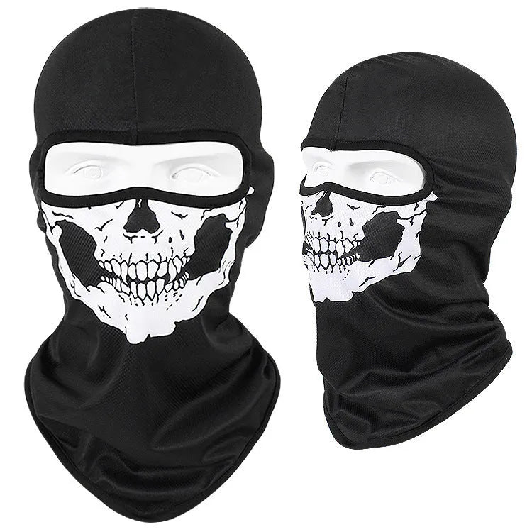 Breathable Bakool silk motorcycle skull mask in skeleton design, laid flat showing 36x29cm size.