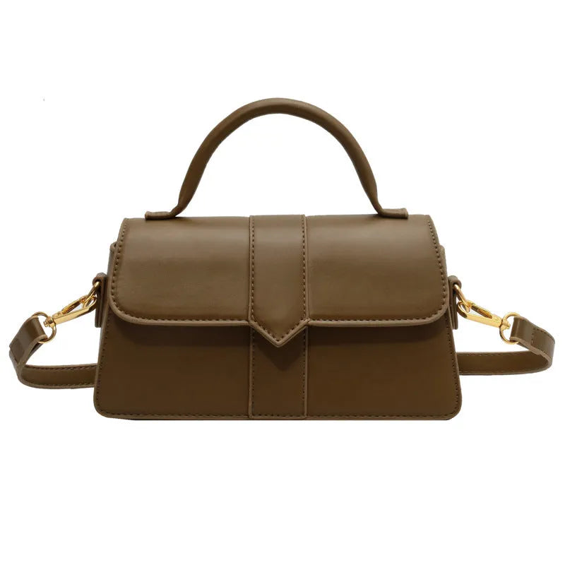 Women's beige PU leather messenger bag showing horizontal square shape and front sandwich pocket