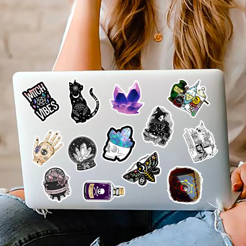 50 piece PVC waterproof luggage stickers in various sizes from 3cm to 8cm with glossy finish