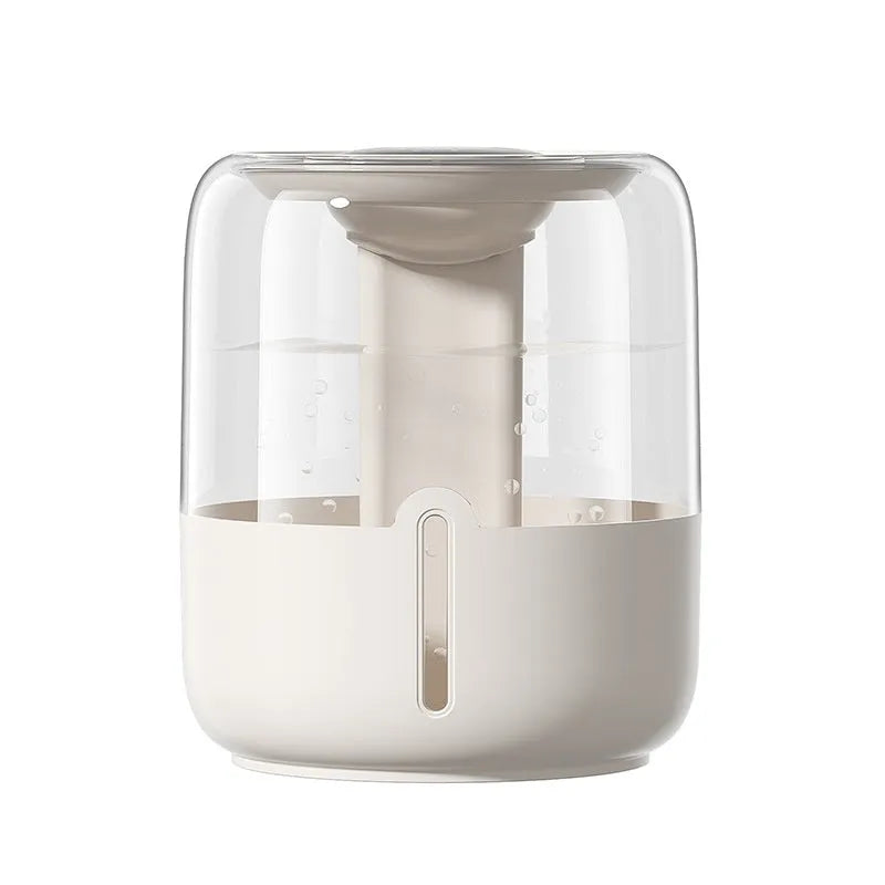Beige round USB humidifier with dual spray nozzles, digital display, and large water capacity
