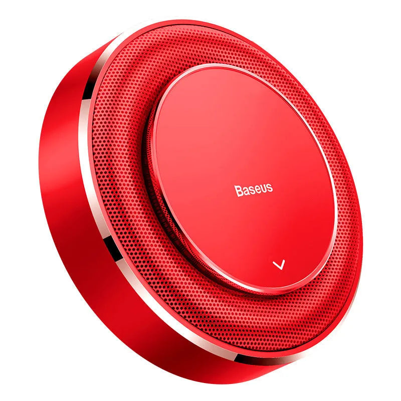 Round aluminium alloy car fragrance diffuser in black, red, or silver with aromatherapy tablets.
