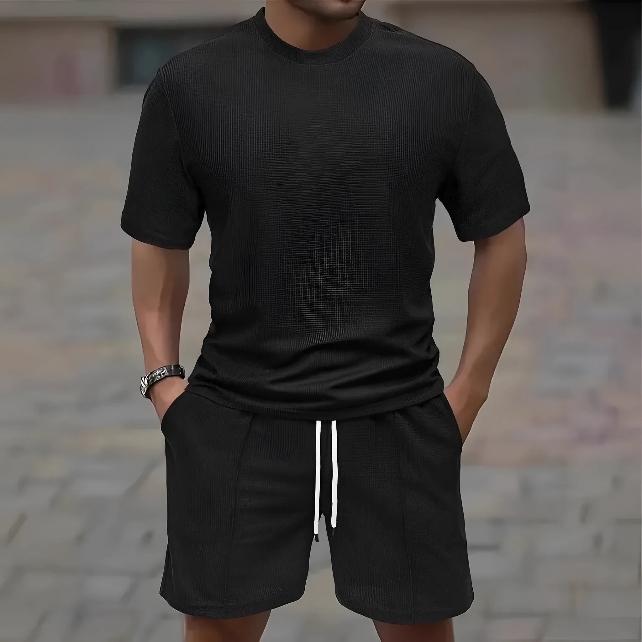 Man wearing a light waffle-texture short sleeve blouse and matching shorts in apricot colour.
