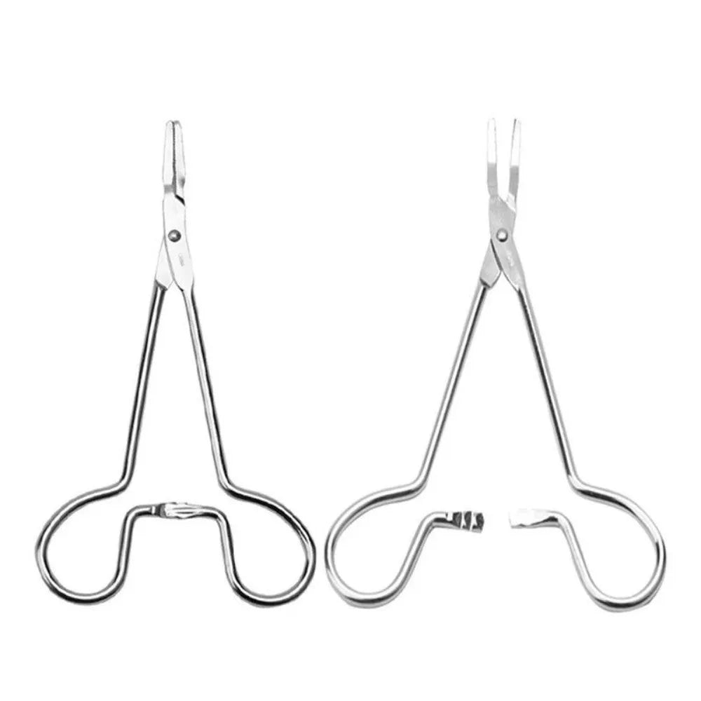 Silver stainless steel pet grooming tweezers with curved tip for ear hair removal