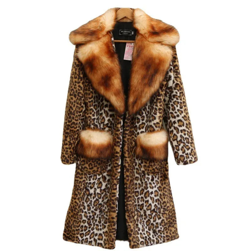 Women's long leopard print artificial fur jacket with regular sleeves on a hanger.