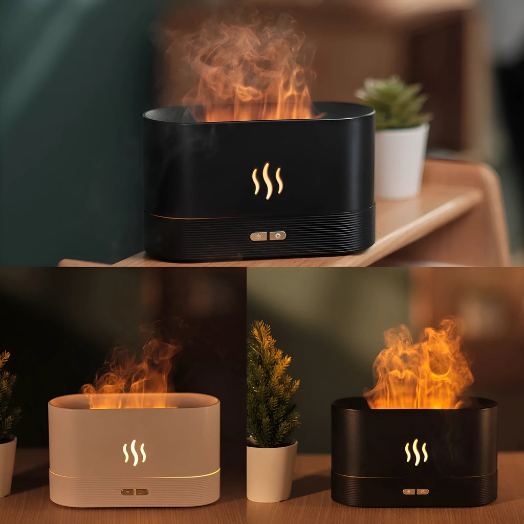 Square black ultrasonic aroma diffuser with flame light effect and mist output