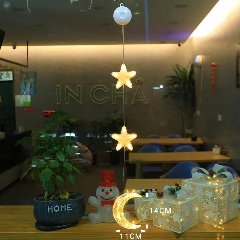 Christmas window lights with star-shaped LED pendants and suction cups for battery-operated festive decoration