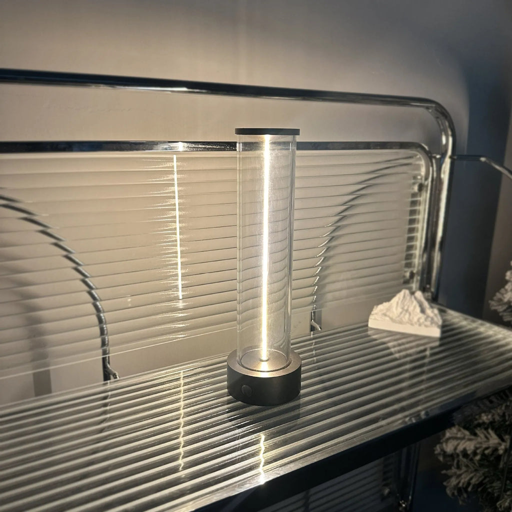Slim modern USB rechargeable LED glass night light with magnetic back, dimensions 53mm by 234mm.