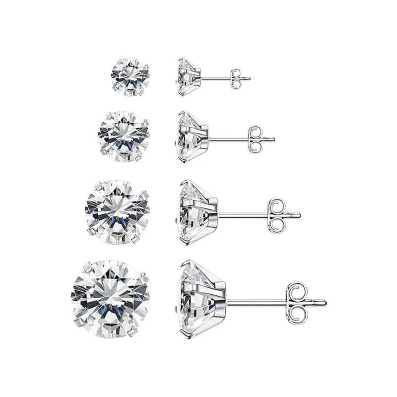 Geometric square stainless steel stud earrings with round zircon stones in gold and steel colour finishes