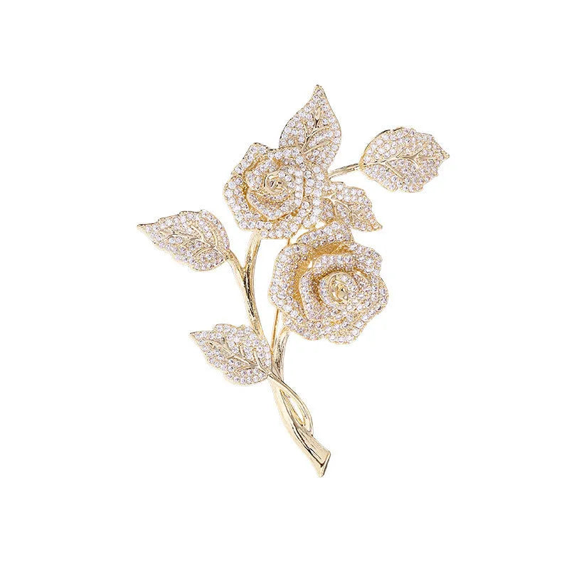 Micro inlaid zircon rose brooch silver-tone floral lapel pin with sparkling stones Style1 and Style2 options