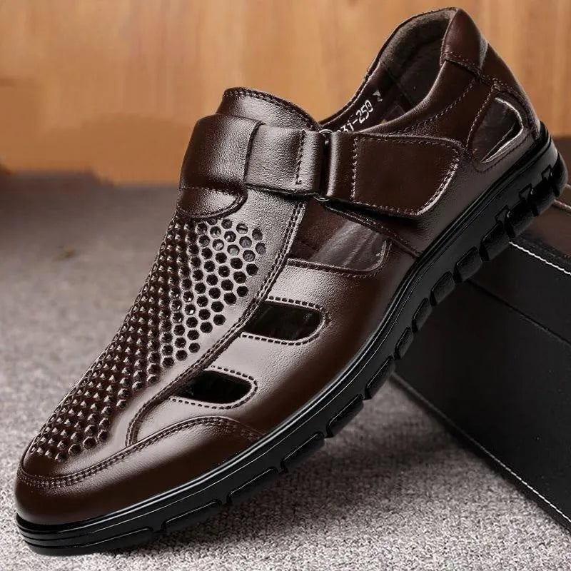 Men's business casual hollow leather sandals with PU upper and Velcro closure in black and brown
