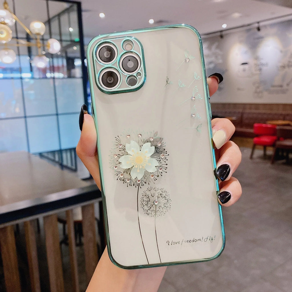 Green iPhone case with a 3D white flower design and a rotating stand on the back.