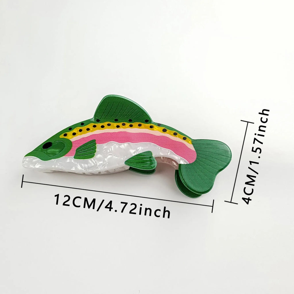 Dark green PVC hair clip with printed rainbow trout and carp design