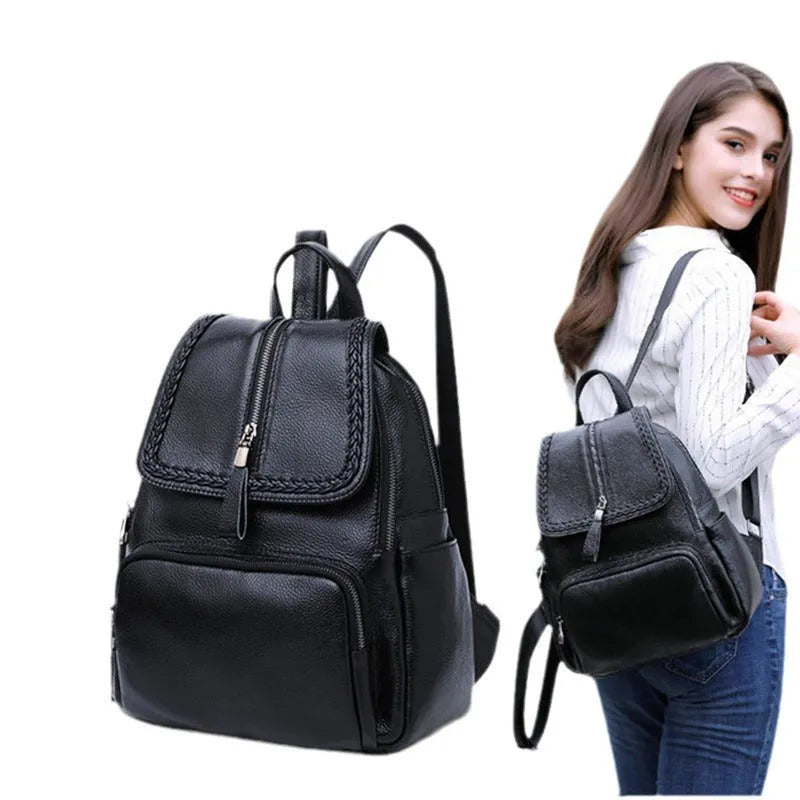 Blue genuine leather women's backpack with street style design showing internal organiser compartments
