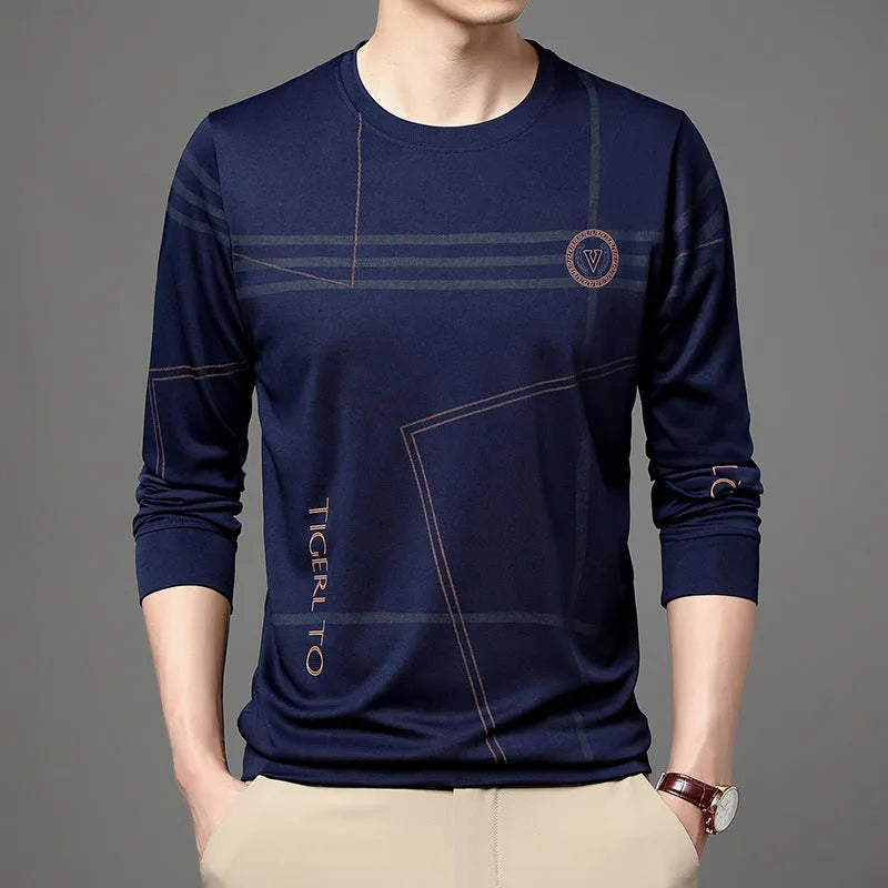 Men's round neck long sleeve t-shirt in Korean style with letter print, available in multiple colours, sizes M-4XL
