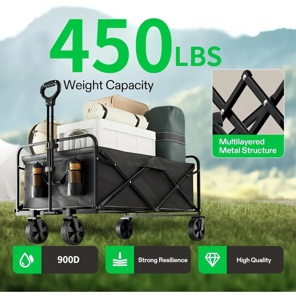Collapsible foldable alloy garden cart with a heavy-duty metal frame and storage box.