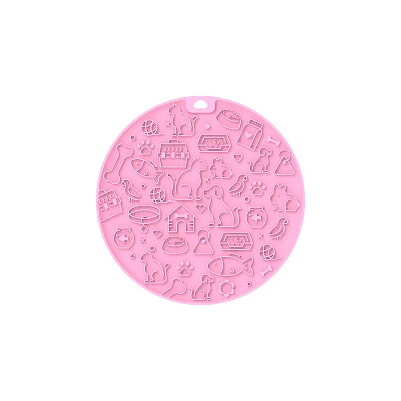 Round blue silicone pet licking mat with textured surface and a white suction cup base on the underside.