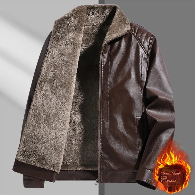 Fleece-lined real leather men's fur jacket in black, full front view, standard length, casual style