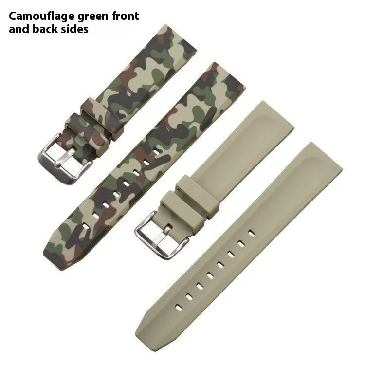 Green camouflage silicone watch strap shown detached, displaying its 20mm width and flat head lug design.