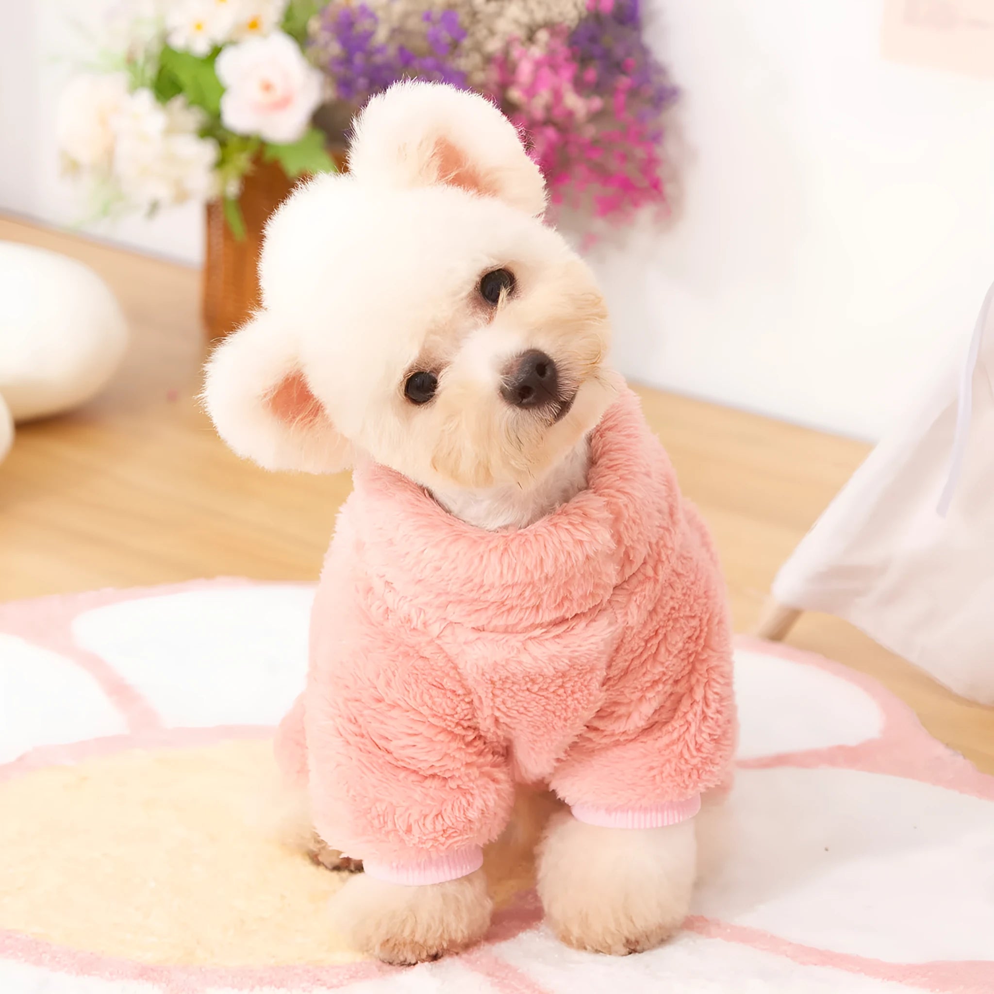 Double-sided plush dog clothes with high collar and towing ring in khaki, pink, or blue colours