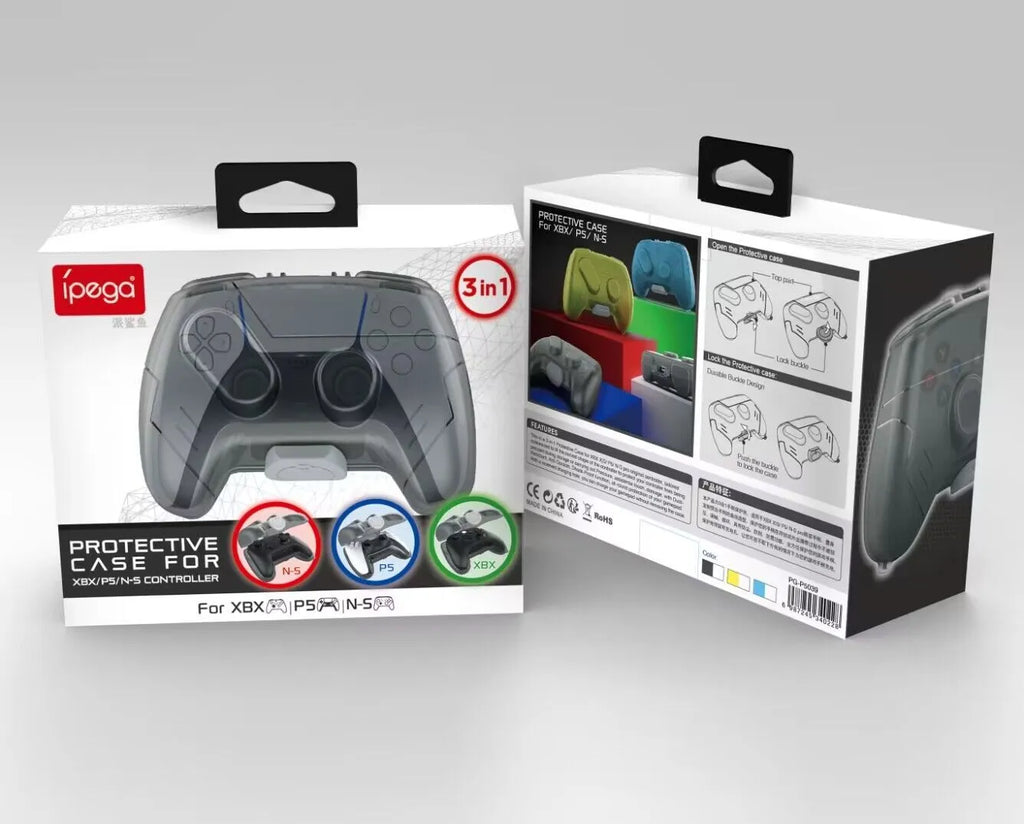 Transparent grey hard plastic game controller storage case with clip closure