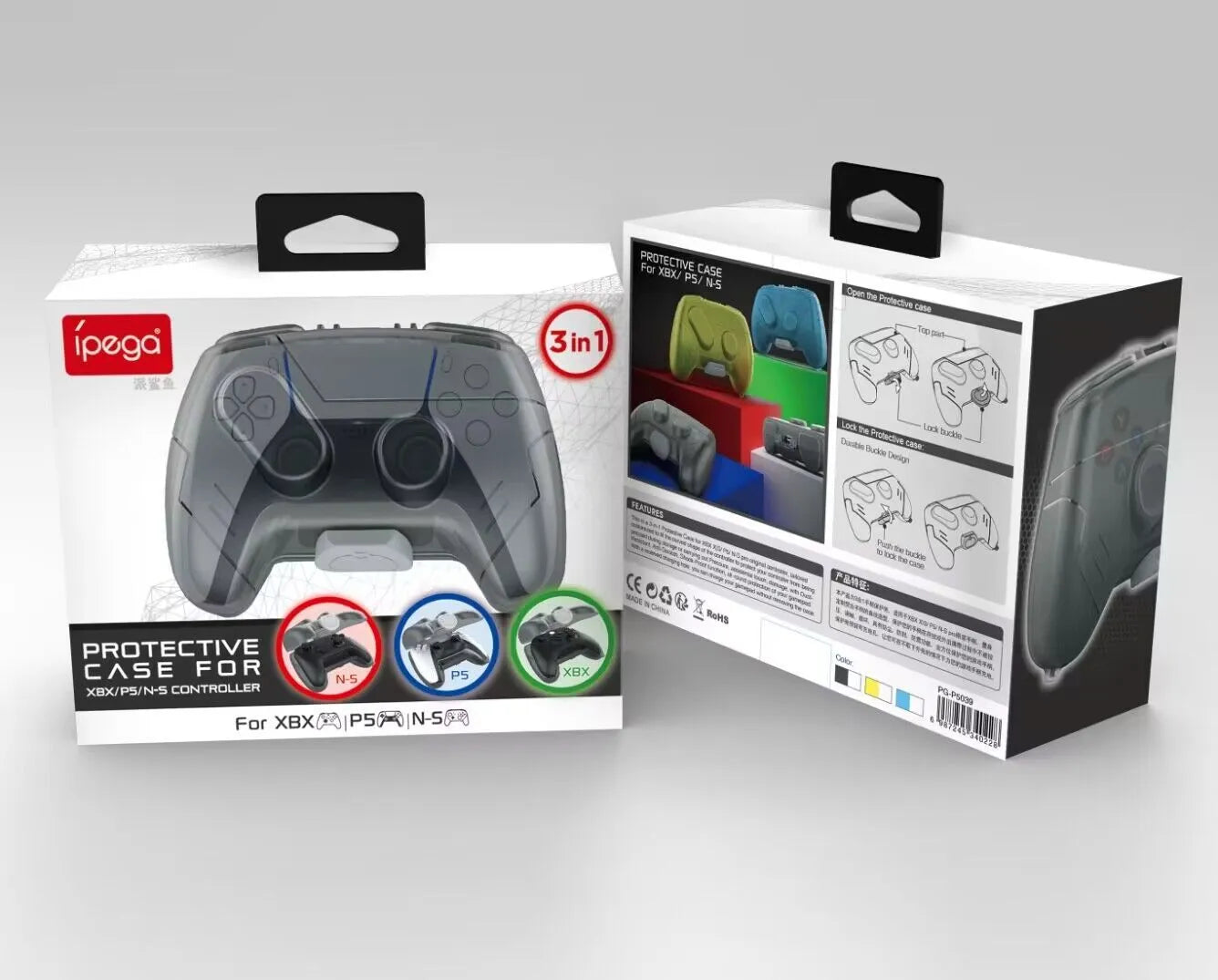 Transparent grey hard plastic game controller storage case with clip closure