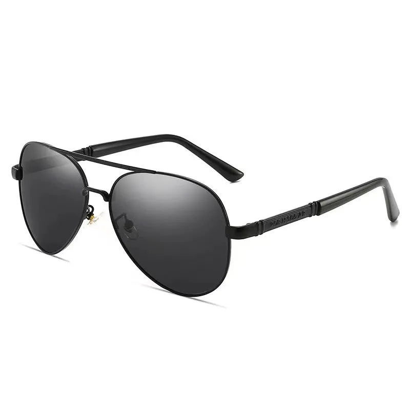 Men's polarised sunglasses with metal frame in gold, shown with grey lenses.