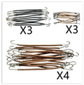 Double hook hair tool for wig making in black, dark brown, and light brown colours with hair hook accessory