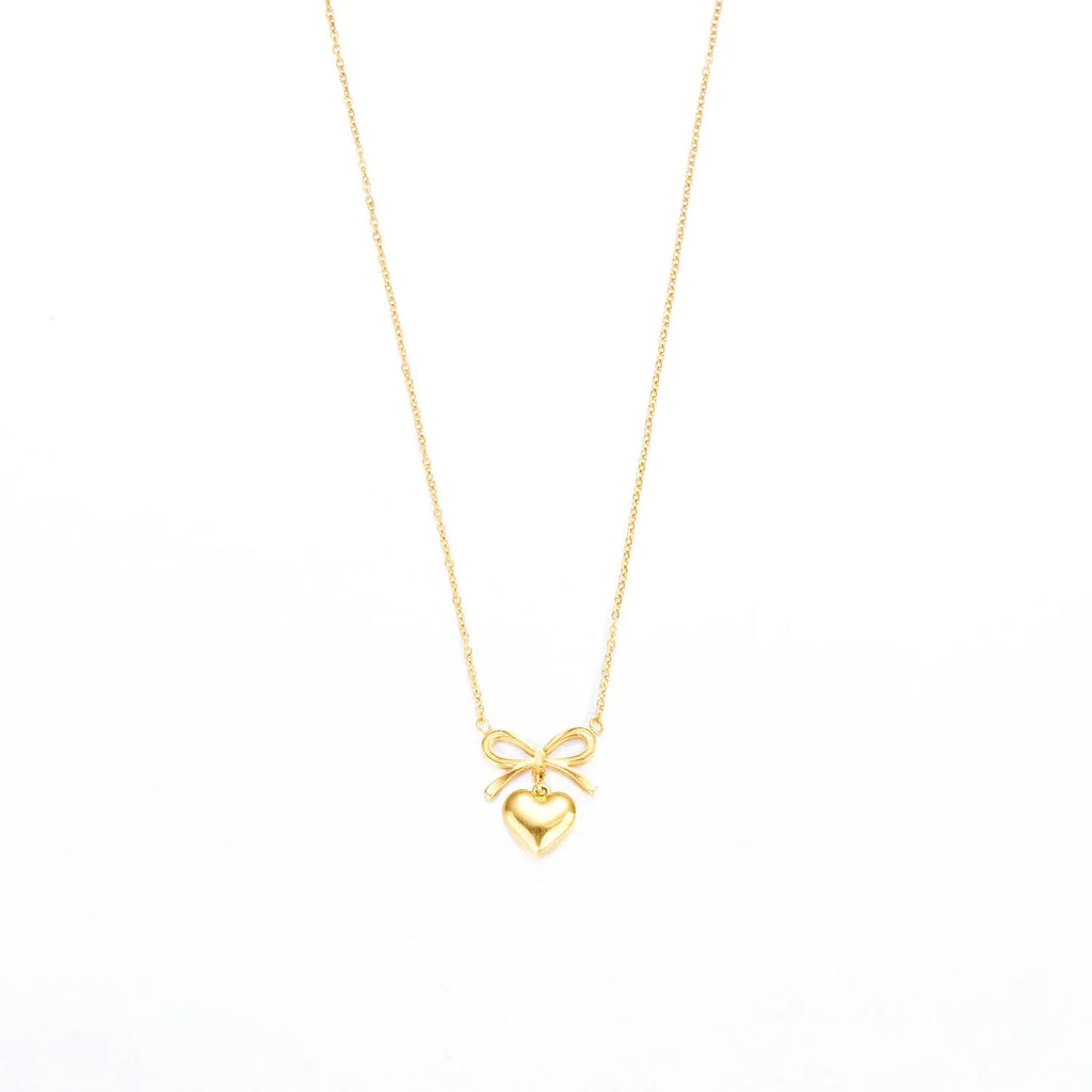 Stainless steel love heart bowknot charm choker necklace for women, adjustable 41–50cm perimeter, waterproof finish