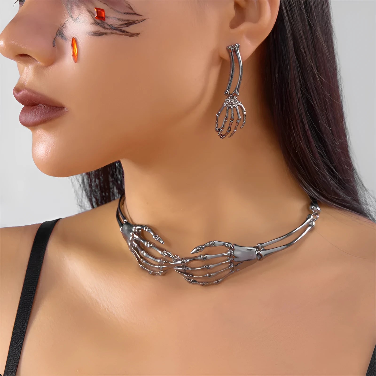 Dark style skull and ghost claw necklace and earrings set in electroplated alloy with adjustable chain