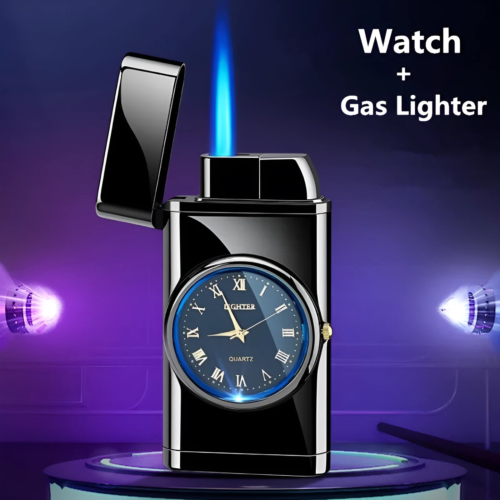 Metal multifunctional electronic lighter with watch display, wind-resistant flame and LED lighting in various colour finishes