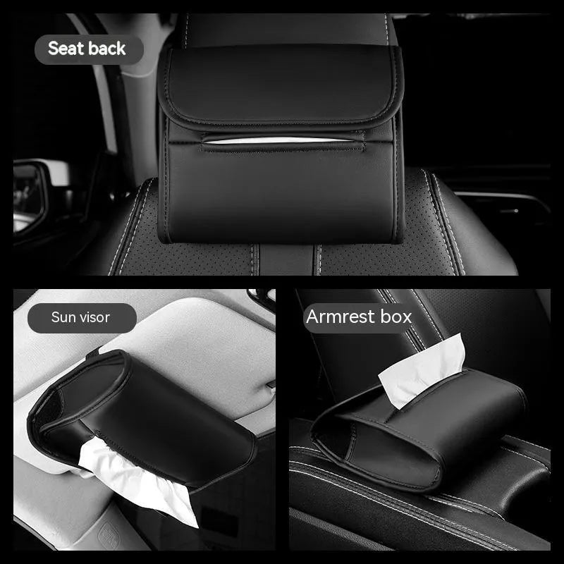 Leather car tissue box with elastic band hanging for vehicle mounting