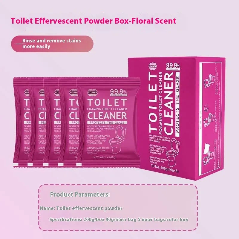 Box and large bag of toilet bubble effervescent powder cleaner for descaling.