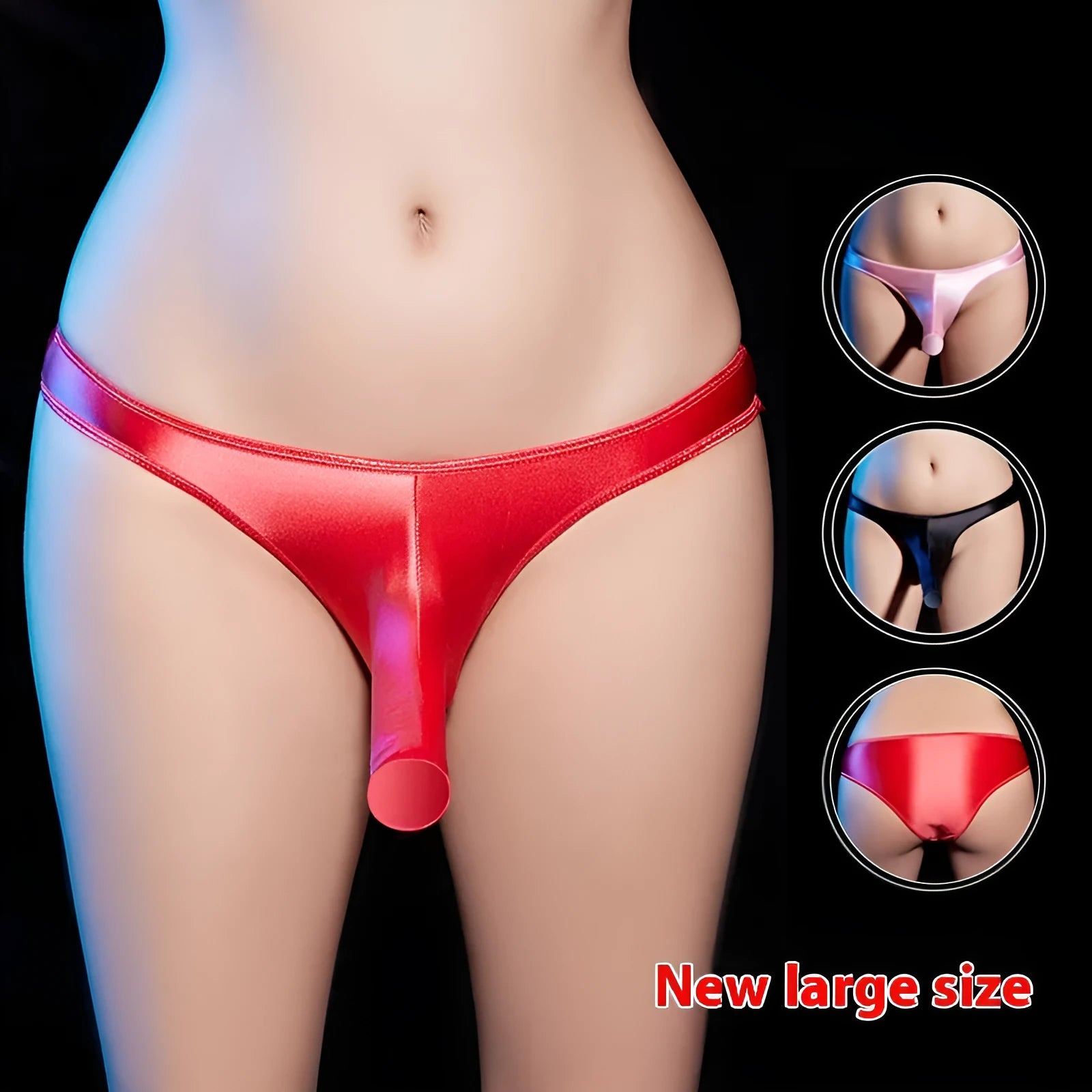 Men's low waist T-back underwear in shiny nylon fabric on a colour swatch showing black, grey, pink, red and white.