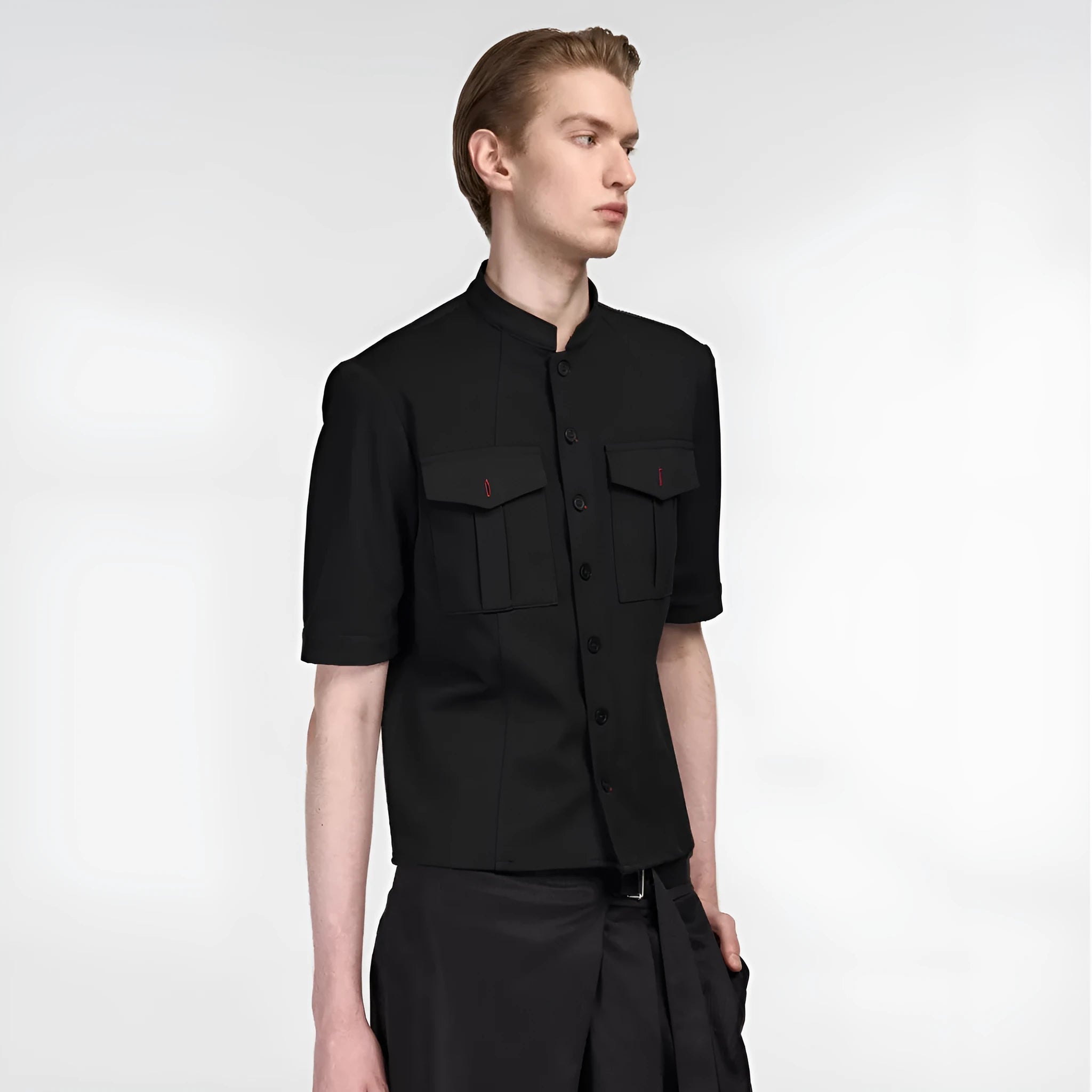 Handmade black hunting shirt with red eye design, half sleeves and shirt collar