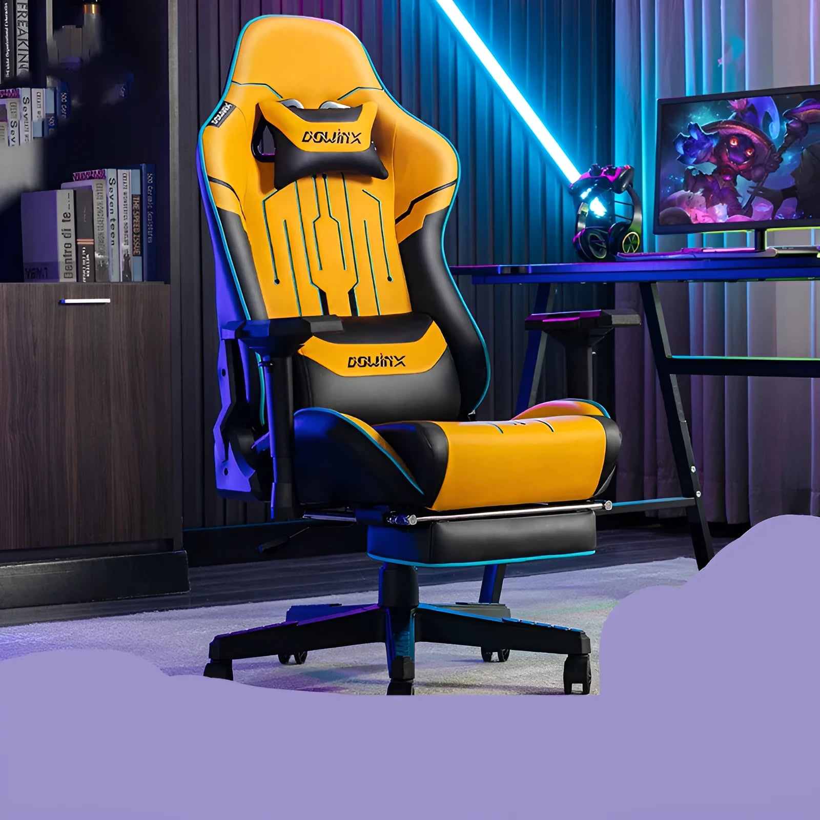 Dowinx Ls-6010 gaming chair in black leather with metal frame and adjustable armrests