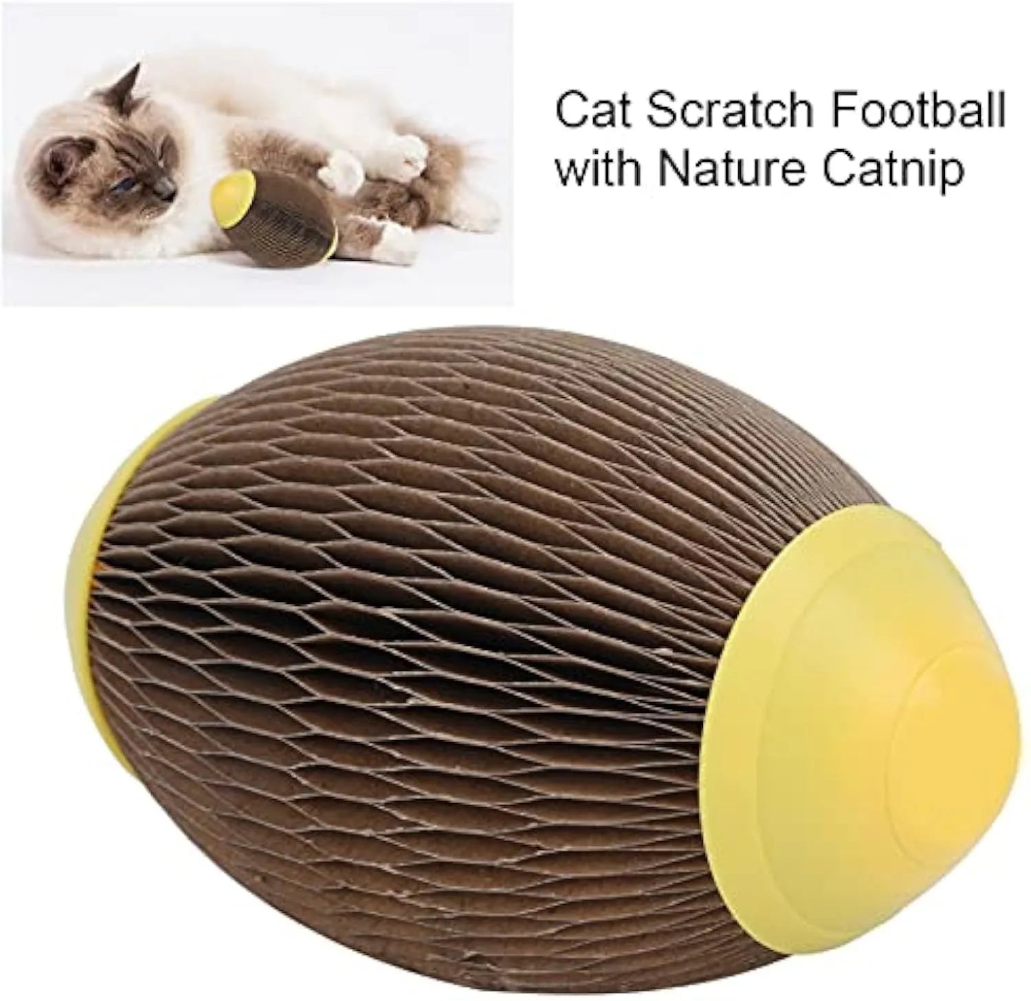 Elliptical corrugated paper catnip ball toy for cats with scratch surface and catnip cavity
