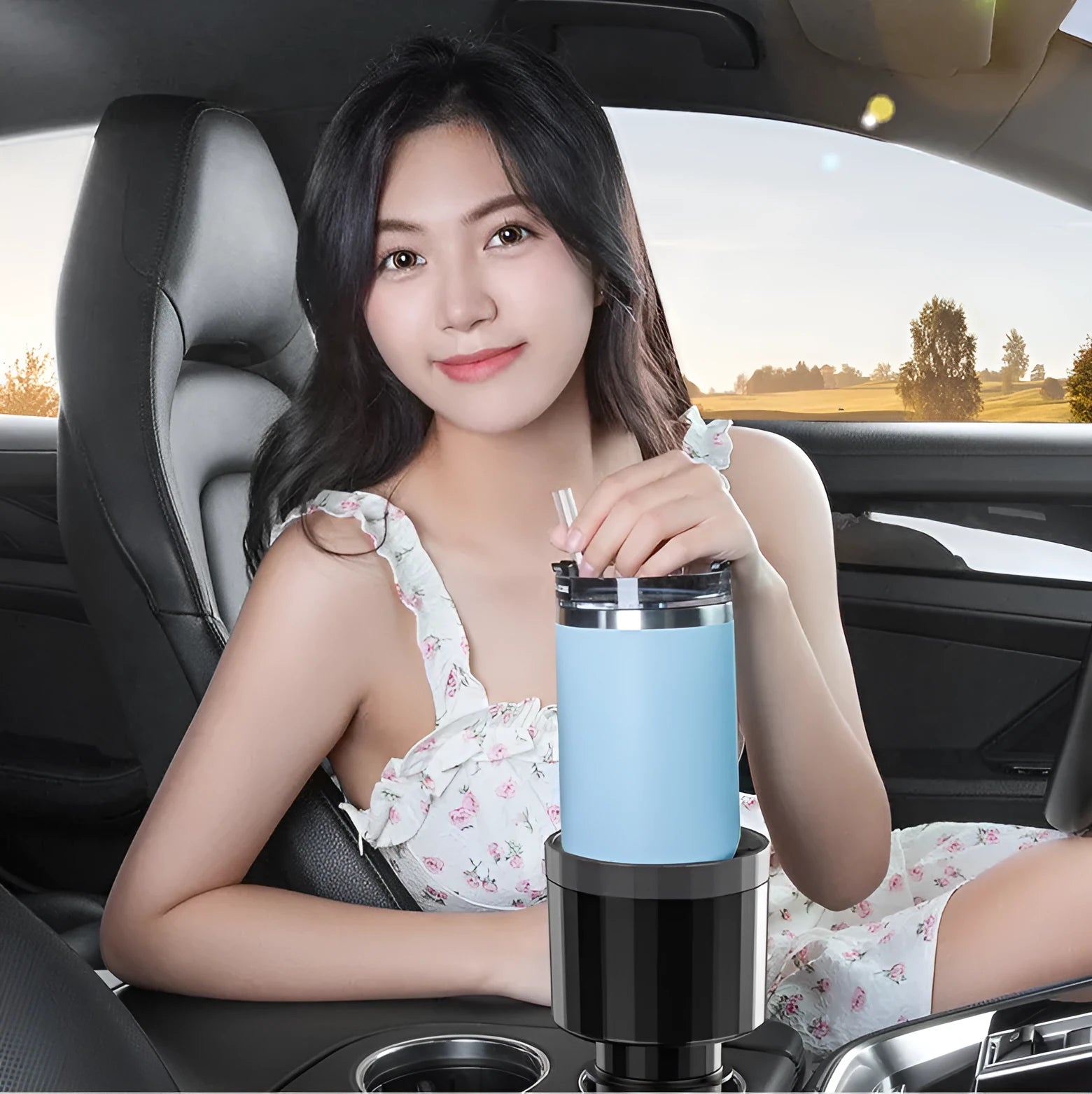 Matte black ABS car cup holder expander with adjustable base for extra large bottles