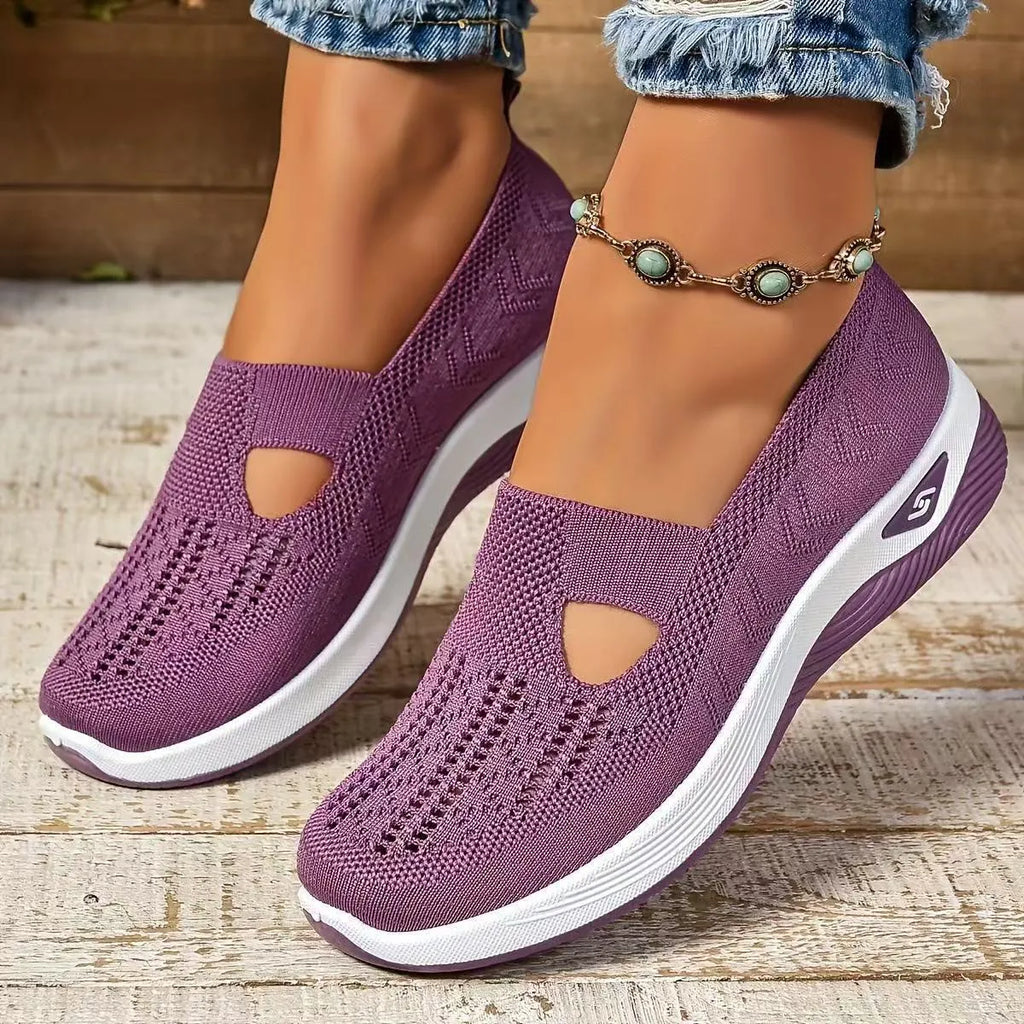 Women's soft sole casual mesh shoes with T-strap in various colours on a white background