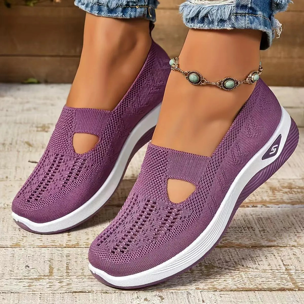 Women's soft sole casual mesh shoes with T-strap in various colours on a white background