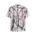 Padded shoulder short sleeve T-shirt with three-dimensional line patchwork detail at shoulders