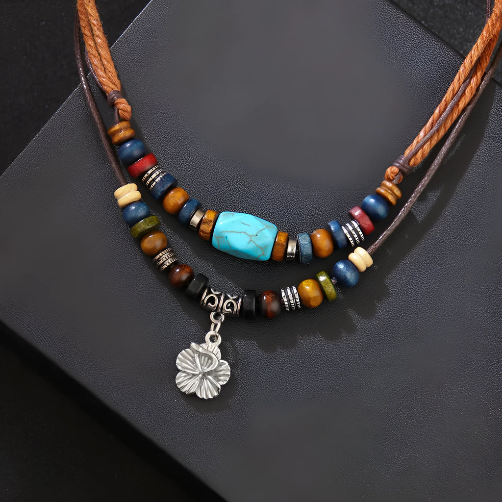 Men's retro wooden bead necklace with geometric alloy pendant and turquoise accents on wax rope cord.