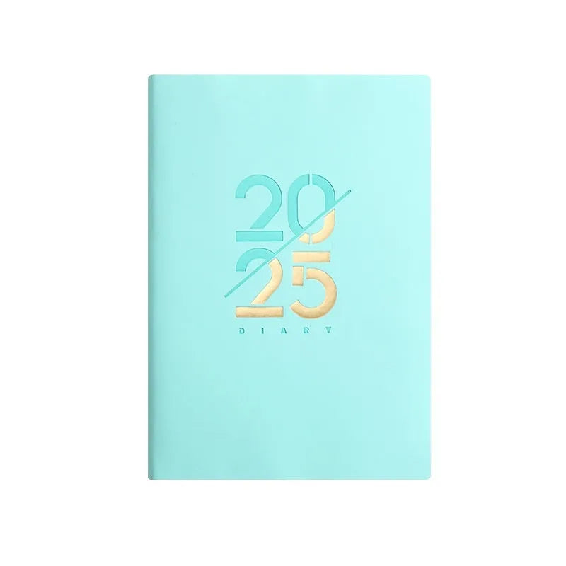 A5 2025 daily planner notebook with soft faux leather cover in multiple colours, open to show lined pages.