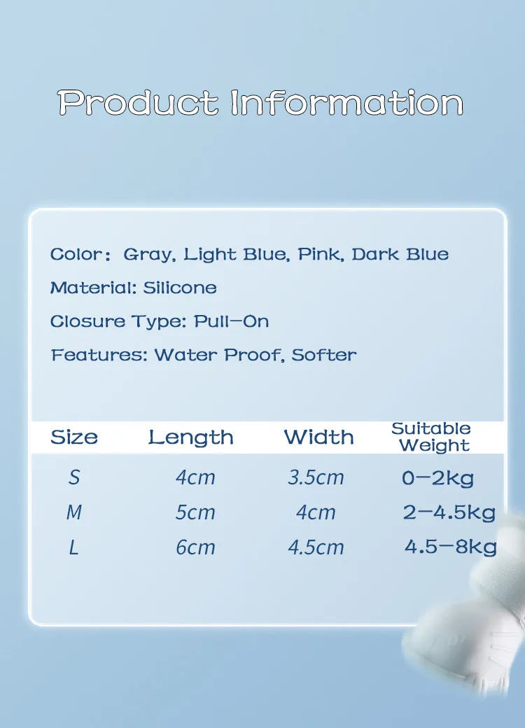 Four waterproof silicone dog rain boots in blue, grey, light blue and pink on a white background