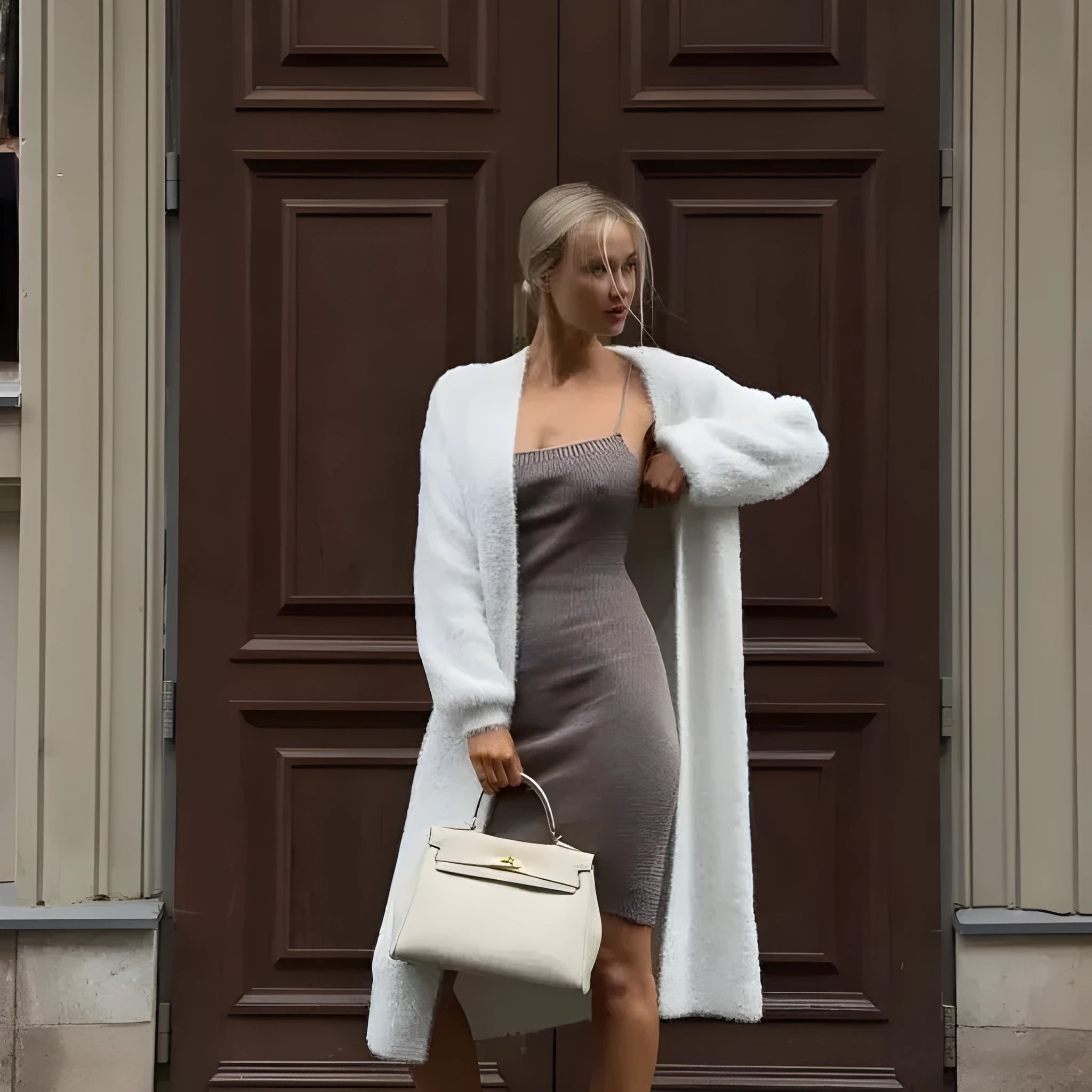 White long sleeve knit cardigan jacket on a hanger