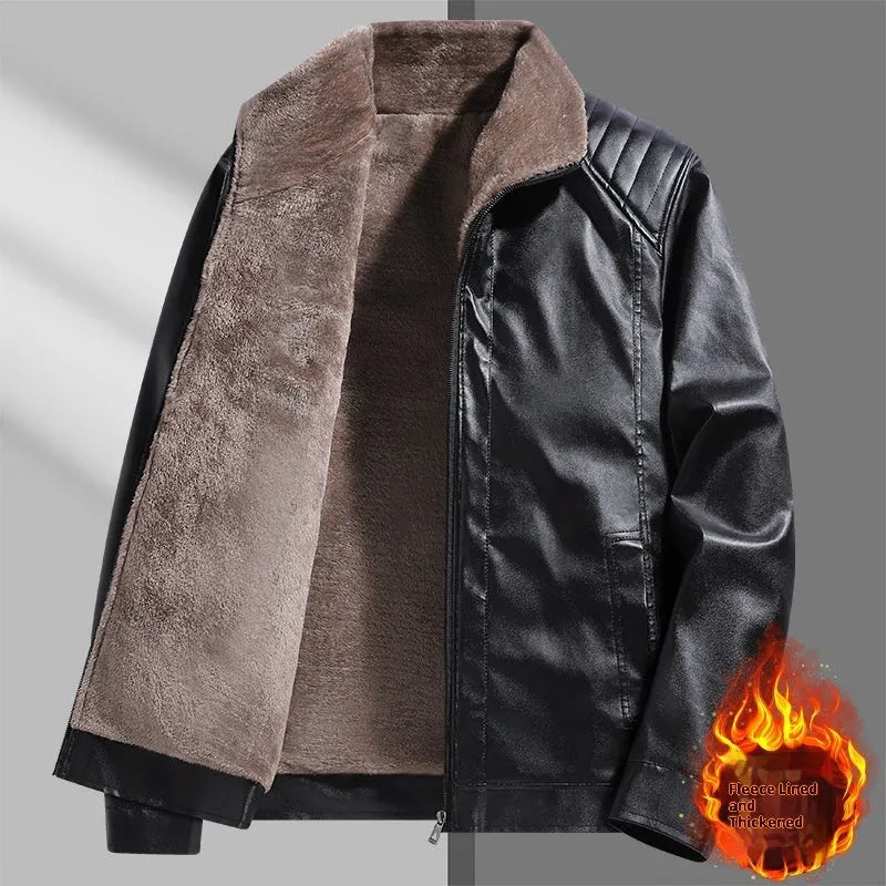 Fleece-lined real leather men's fur jacket in black, full front view, standard length, casual style