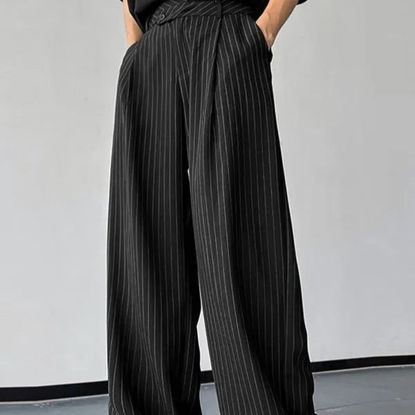 Men's black vertical striped pleated casual trousers made from rabbit hair and bamboo fibre blend