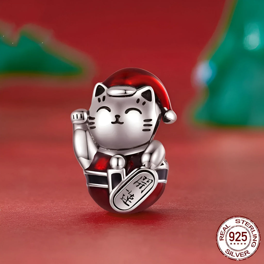 S925 silver lucky cat bead with dripping oil colour finish 1.35x0.9cm