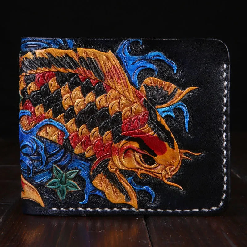 Men's carved cow leather short wallet in red, shown open to display interior.