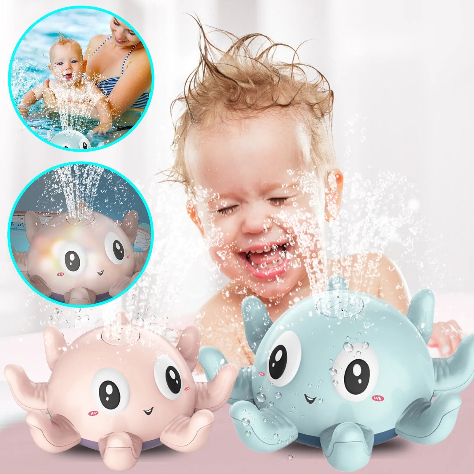 Blue automatic water spray bath toy with flashing lights for children's bath time