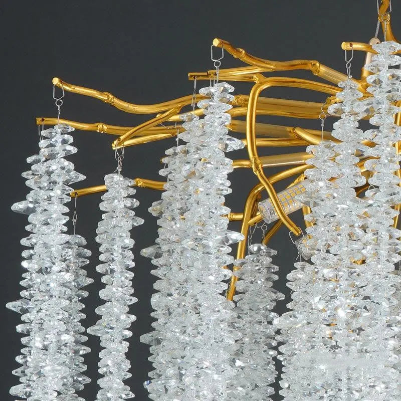 Adjustable height crystal chandelier lamp in round and long styles for living room or dining room.